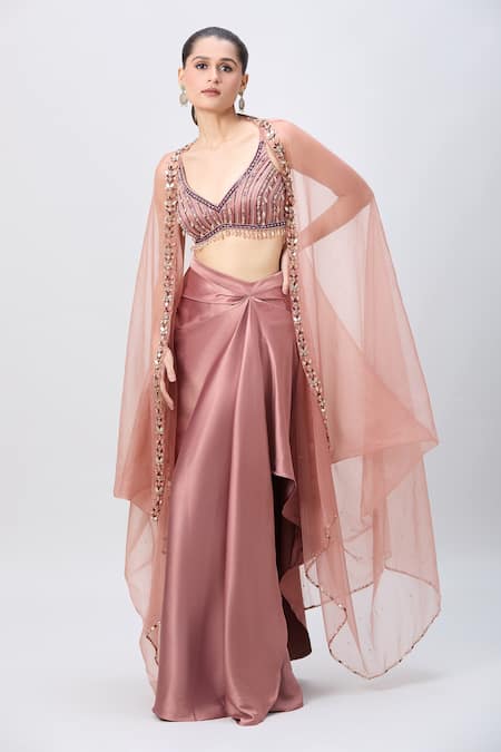 BAIRAAS Embroidered Cape & Draped Skirt Set 