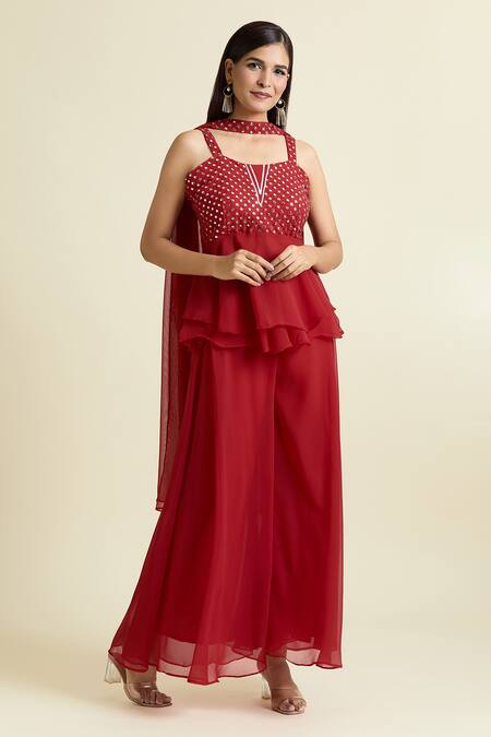 Buy_Samyukta Singhania_Red Georgette Mirrors, Embroidery Sweetheart Neck Yoke Tunic Set 