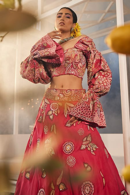 Label Deepshika Agarwal_Pink Organza, Taffeta, Cotton Satin Embroidery Sweetheart Floral Lehenga Set _Online_at_Aza_Fashions