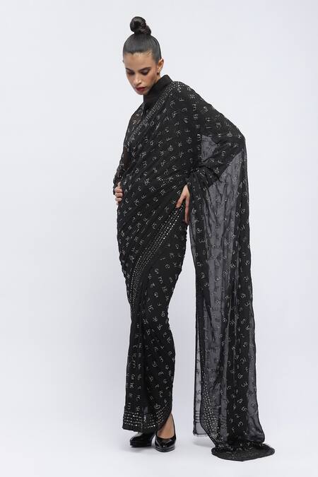 Buy_Abraham And Thakore_Black Silk, Georgette Embroidery Badla Calligraphy Script Saree_Online_at_Aza_Fashions