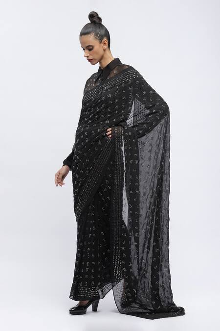 Shop_Abraham And Thakore_Black Silk, Georgette Embroidery Badla Calligraphy Script Saree_Online_at_Aza_Fashions