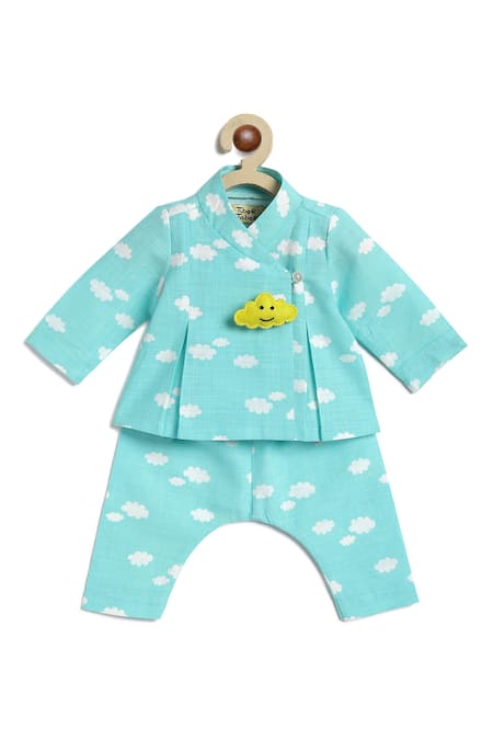 Shop Tiber Taber Blue Cotton Brooches Cloud Print Top Pant Set at Aza Fashions Shop_Tiber Taber_Blue Cotton Brooches Cloud Print Top Pant Set _at_Aza_Fashions