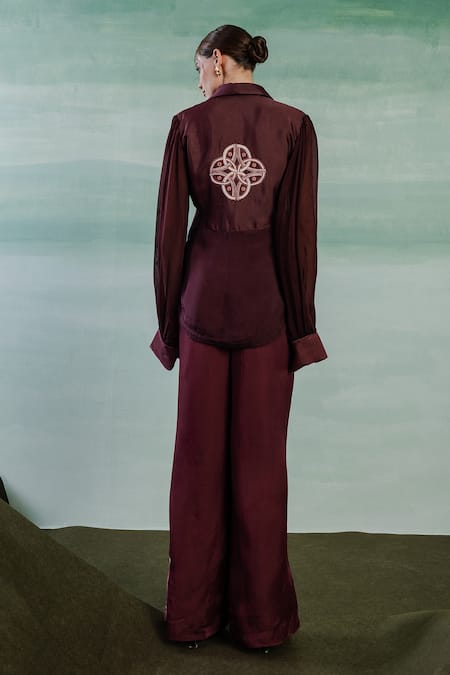 Shop Orthodox Wine Silk Embroidery Collared Celtic Lumiere Elegance Shirt at Aza Fashions Shop_Orthodox_Wine Silk Embroidery Collared Celtic Lumiere Elegance Shirt _at_Aza_Fashions