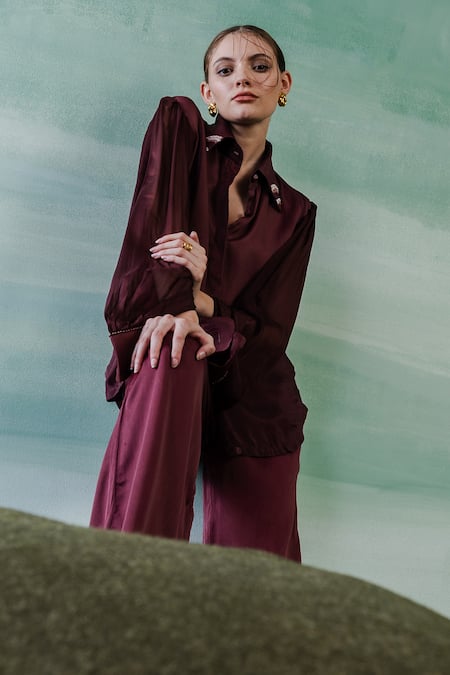 Orthodox Wine Silk Embroidery Collared Celtic Lumiere Elegance Shirt Online at Aza Fashions Orthodox_Wine Silk Embroidery Collared Celtic Lumiere Elegance Shirt _Online_at_Aza_Fashions