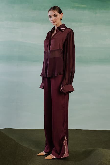 Shop Orthodox Wine Silk Embroidery Collared Celtic Lumiere Elegance Shirt Online at Aza Fashions Shop_Orthodox_Wine Silk Embroidery Collared Celtic Lumiere Elegance Shirt _Online_at_Aza_Fashions