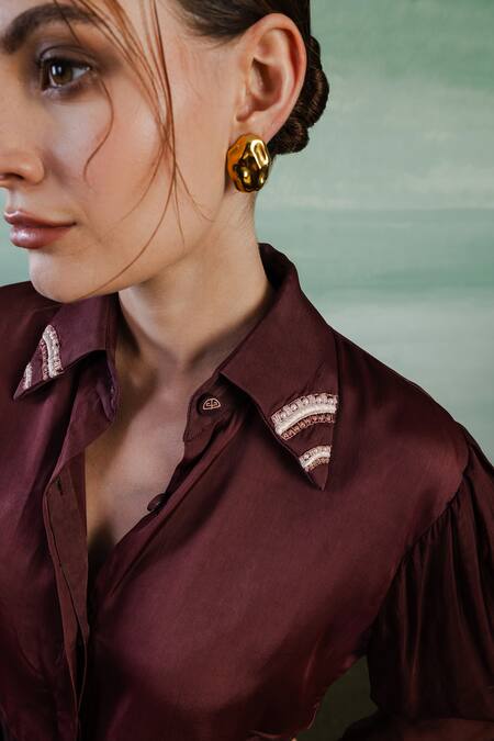 Buy Orthodox Wine Silk Embroidery Collared Celtic Lumiere Elegance Shirt Buy_Orthodox_Wine Silk Embroidery Collared Celtic Lumiere Elegance Shirt