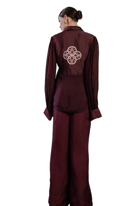 Shop Orthodox Wine Silk Embroidery Collared Celtic Lumiere Elegance Shirt Shop_Orthodox_Wine Silk Embroidery Collared Celtic Lumiere Elegance Shirt