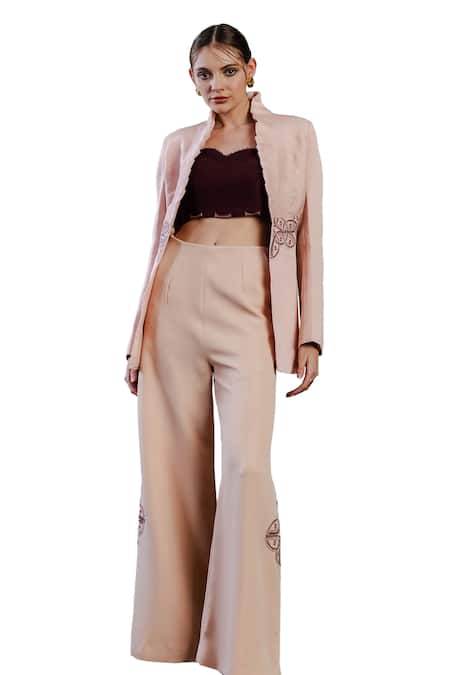 Orthodox_Pink Satin Embroidery Aurelian Elegance Pleated Blazer Jacket_Online_at_Aza_Fashions