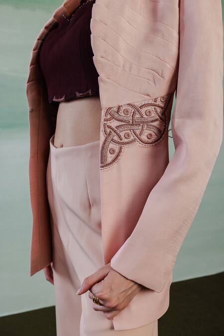 Shop_Orthodox_Pink Satin Embroidery Aurelian Elegance Pleated Blazer Jacket_Online_at_Aza_Fashions