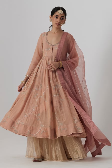 Rhua Pink Anarkali Tissue Chanderi Embroidery Aari U Akriti Spring Zardozi Set 