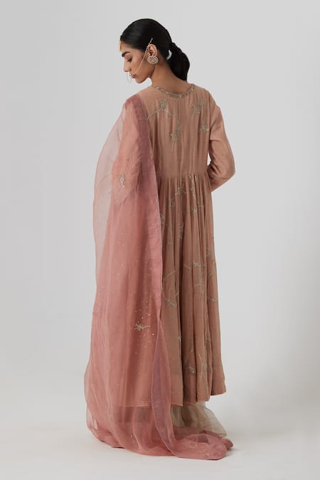 Shop Rhua Pink Tissue, Chanderi, Silk, Muslin Akriti Spring Aari Zardozi Anarkali Set at Aza Fashions Shop_Rhua_Pink Tissue, Chanderi, Silk, Muslin Akriti Spring Aari Zardozi Anarkali Set _at_Aza_Fashions