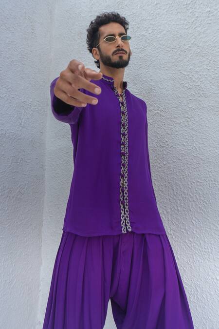 Neora By Nehal Chopra_Purple Modal, Silk Braided Placket Kurta With Dhoti Pant _at_Aza_Fashions