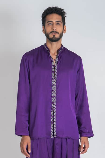 Buy_Neora By Nehal Chopra_Purple Embroidery Placket Kurta _Online_at_Aza_Fashions