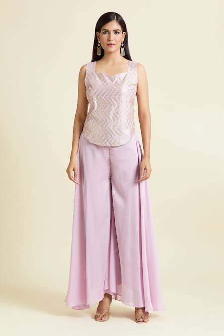 Samyukta Singhania_Purple Georgette Sequins Sweetheart Neck, Open Embroidered Tunic Set With Jacket _Online_at_Aza_Fashions