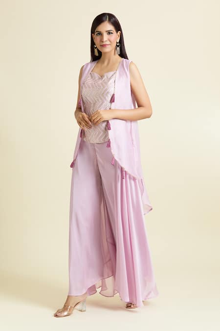 Shop_Samyukta Singhania_Purple Georgette Sequins Sweetheart Neck, Open Embroidered Tunic Set With Jacket _Online_at_Aza_Fashions