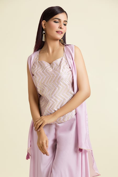 Samyukta Singhania_Purple Georgette Sequins Sweetheart Neck, Open Embroidered Tunic Set With Jacket _at_Aza_Fashions