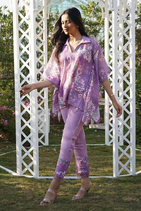 Buy_Monk & Mei By Sonia Anand_Purple Linen Embroidery Collared Dahlia Floral Print Kaftan Pant Set _Online_at_Aza_Fashions