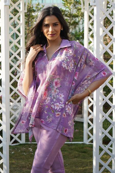 Shop_Monk & Mei By Sonia Anand_Purple Linen Embroidery Collared Dahlia Floral Print Kaftan Pant Set _Online_at_Aza_Fashions
