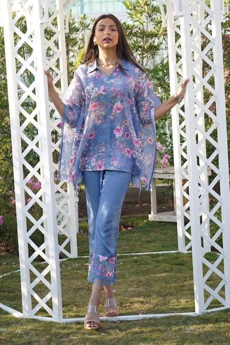 Monk & Mei By Sonia Anand_Blue Linen Embroidery, Lace Collared Dahlia Printed Kaftan Pant Set _Online_at_Aza_Fashions