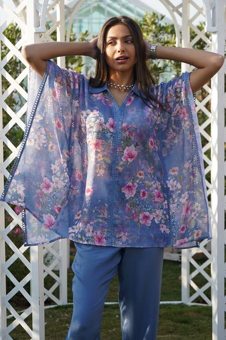 Shop_Monk & Mei By Sonia Anand_Blue Linen Embroidery, Lace Collared Dahlia Printed Kaftan Pant Set _Online_at_Aza_Fashions
