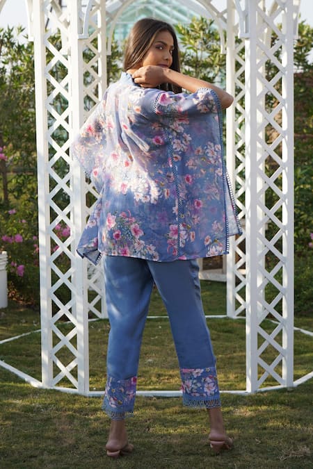 Monk & Mei By Sonia Anand_Blue Linen Embroidery, Lace Collared Dahlia Printed Kaftan Pant Set _at_Aza_Fashions
