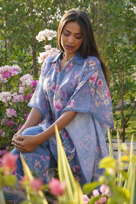 Buy_Monk & Mei By Sonia Anand_Blue Linen Embroidery, Lace Collared Dahlia Printed Kaftan Pant Set 