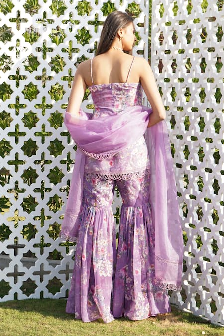 Shop_Monk & Mei By Sonia Anand_Purple Organza, Georgette, Linen Tulip Floral Print Kurta Sharara Set _at_Aza_Fashions