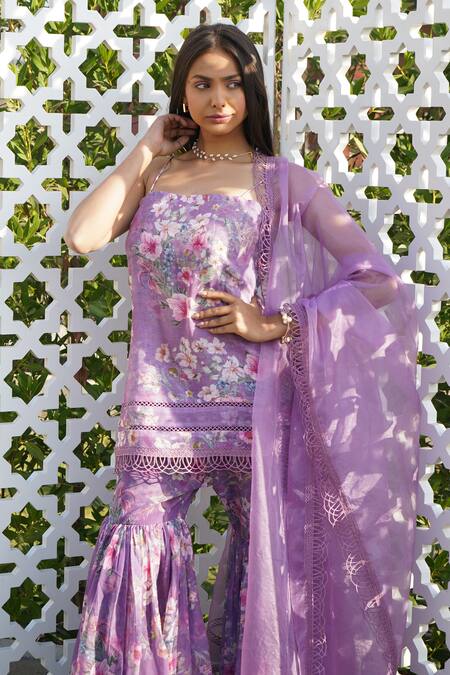 Monk & Mei By Sonia Anand_Purple Organza, Georgette, Linen Tulip Floral Print Kurta Sharara Set _Online_at_Aza_Fashions