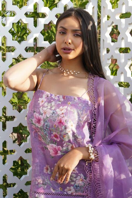 Buy_Monk & Mei By Sonia Anand_Purple Organza, Georgette, Linen Tulip Floral Print Kurta Sharara Set _Online_at_Aza_Fashions