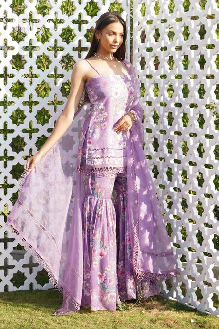 Shop_Monk & Mei By Sonia Anand_Purple Organza, Georgette, Linen Tulip Floral Print Kurta Sharara Set _Online_at_Aza_Fashions