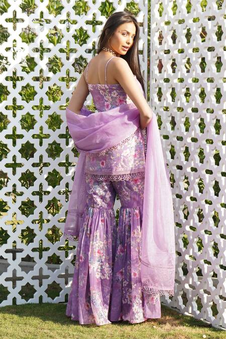 Buy_Monk & Mei By Sonia Anand_Purple Organza, Georgette, Linen Tulip Floral Print Kurta Sharara Set 