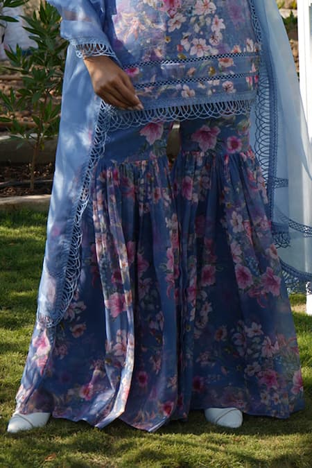 Buy Monk & Mei By Sonia Anand Blue Organza, Georgette, Linen Lace Tulip Floral Print Strappy Kurta Sharara Set Online at Aza Fashions Buy_Monk & Mei By Sonia Anand_Blue Organza, Georgette, Linen Lace Tulip Floral Print Strappy Kurta Sharara Set _Online_at_Aza_Fashions