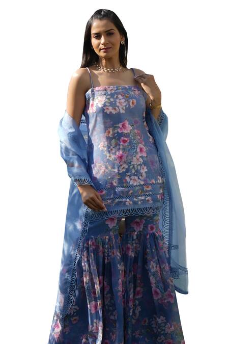 Shop Monk & Mei By Sonia Anand Blue Organza, Georgette, Linen Lace Tulip Floral Print Strappy Kurta Sharara Set Online at Aza Fashions Shop_Monk & Mei By Sonia Anand_Blue Organza, Georgette, Linen Lace Tulip Floral Print Strappy Kurta Sharara Set _Online_at_Aza_Fashions