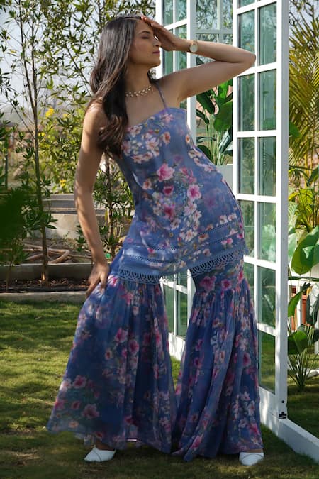 Buy_Monk & Mei By Sonia Anand_Blue Organza, Georgette, Linen Lace Tulip Floral Print Strappy Kurta Sharara Set 