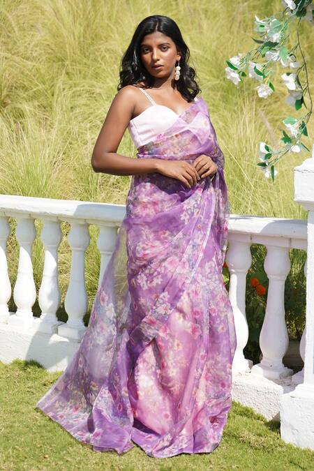 Monk & Mei By Sonia Anand_Purple Organza Sweetheart Neck Tancy Floral Print Saree With Blouse _Online_at_Aza_Fashions