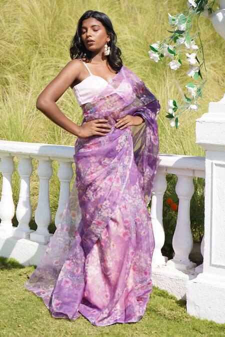 Buy_Monk & Mei By Sonia Anand_Purple Organza Sweetheart Neck Tancy Floral Print Saree With Blouse _Online_at_Aza_Fashions