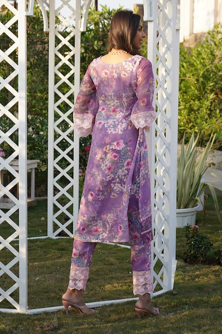 Shop_Monk & Mei By Sonia Anand_Purple Linen Lace Round Neck Peony Floral Print Kurta Pant Set _at_Aza_Fashions