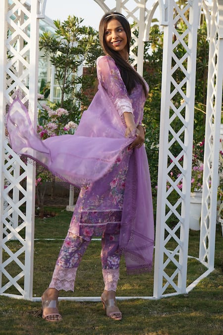Buy_Monk & Mei By Sonia Anand_Purple Linen Lace Round Neck Peony Floral Print Kurta Pant Set _Online_at_Aza_Fashions