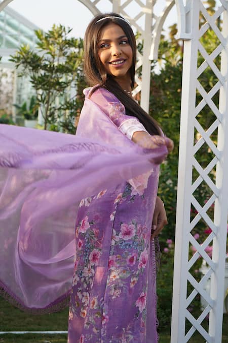 Shop_Monk & Mei By Sonia Anand_Purple Linen Lace Round Neck Peony Floral Print Kurta Pant Set _Online_at_Aza_Fashions