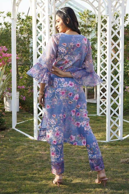 Monk & Mei By Sonia Anand Peony Linen Printed Kurta Pant Set 