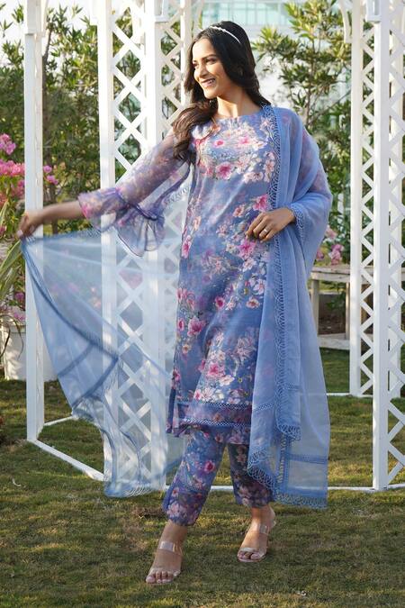 Monk & Mei By Sonia Anand_Blue Linen Lace Round Neck Peony Printed Kurta Pant Set _Online_at_Aza_Fashions