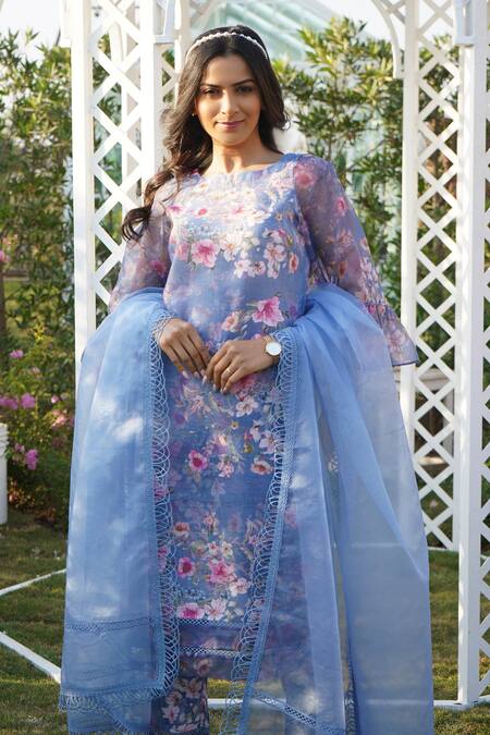 Buy_Monk & Mei By Sonia Anand_Blue Linen Lace Round Neck Peony Printed Kurta Pant Set _Online_at_Aza_Fashions