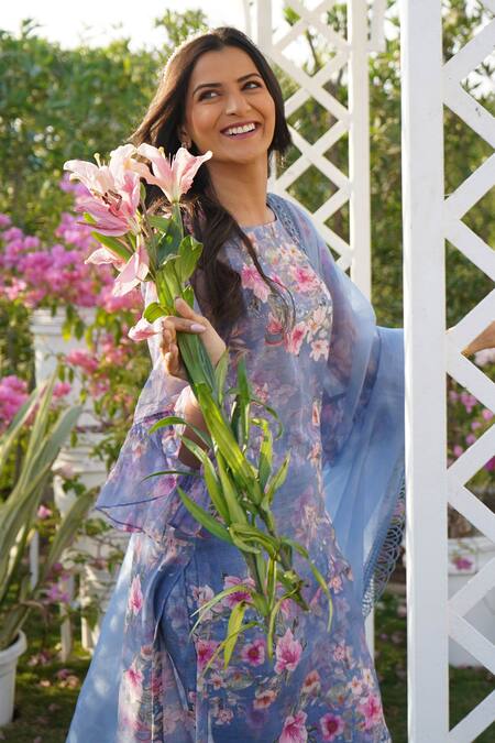 Shop_Monk & Mei By Sonia Anand_Blue Linen Lace Round Neck Peony Printed Kurta Pant Set _Online_at_Aza_Fashions