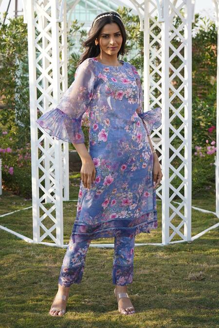 Monk & Mei By Sonia Anand_Blue Linen Lace Round Neck Peony Printed Kurta Pant Set _at_Aza_Fashions