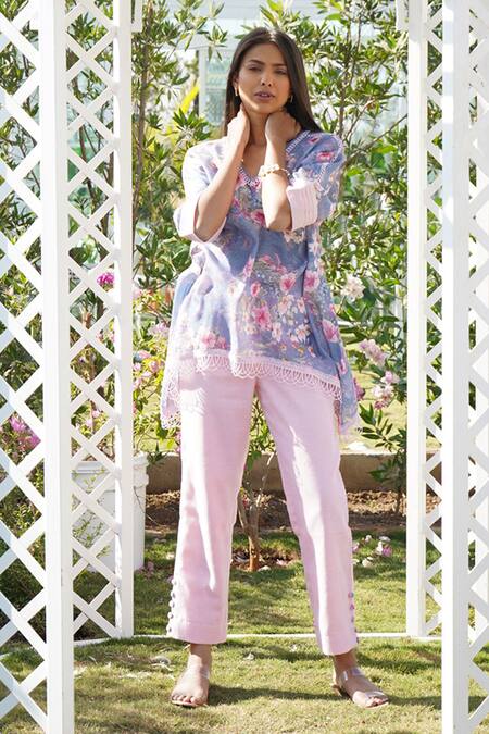 Monk & Mei By Sonia Anand_Blue Linen Embroidery V-neck Daphne Printed Kaftan With Pant _Online_at_Aza_Fashions