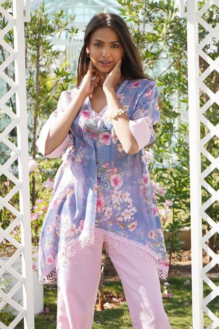 Shop_Monk & Mei By Sonia Anand_Blue Linen Embroidery V-neck Daphne Printed Kaftan With Pant _Online_at_Aza_Fashions