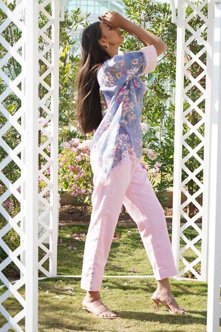 Shop_Monk & Mei By Sonia Anand_Blue Linen Embroidery V-neck Daphne Printed Kaftan With Pant 
