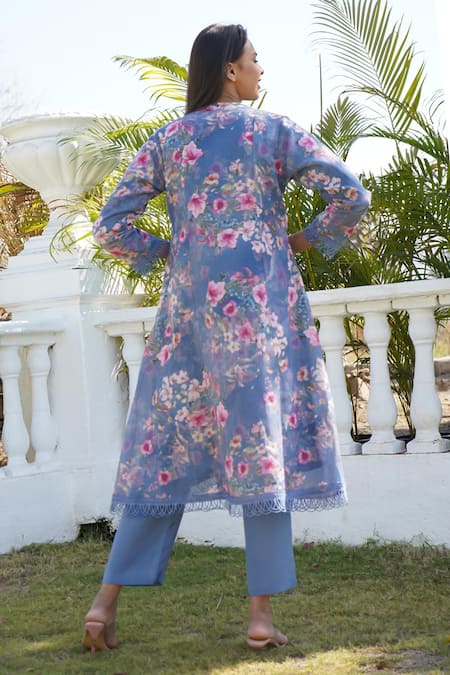 Shop_Monk & Mei By Sonia Anand_Blue Linen Lace, Embroidery Mandarin Collar Azalea Floral Print Kurta Pant Set _at_Aza_Fashions