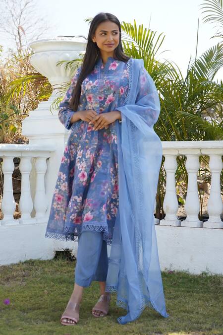 Monk & Mei By Sonia Anand_Blue Linen Lace, Embroidery Mandarin Collar Azalea Floral Print Kurta Pant Set _Online_at_Aza_Fashions