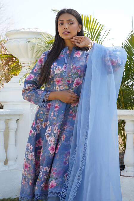 Buy_Monk & Mei By Sonia Anand_Blue Linen Lace, Embroidery Mandarin Collar Azalea Floral Print Kurta Pant Set _Online_at_Aza_Fashions